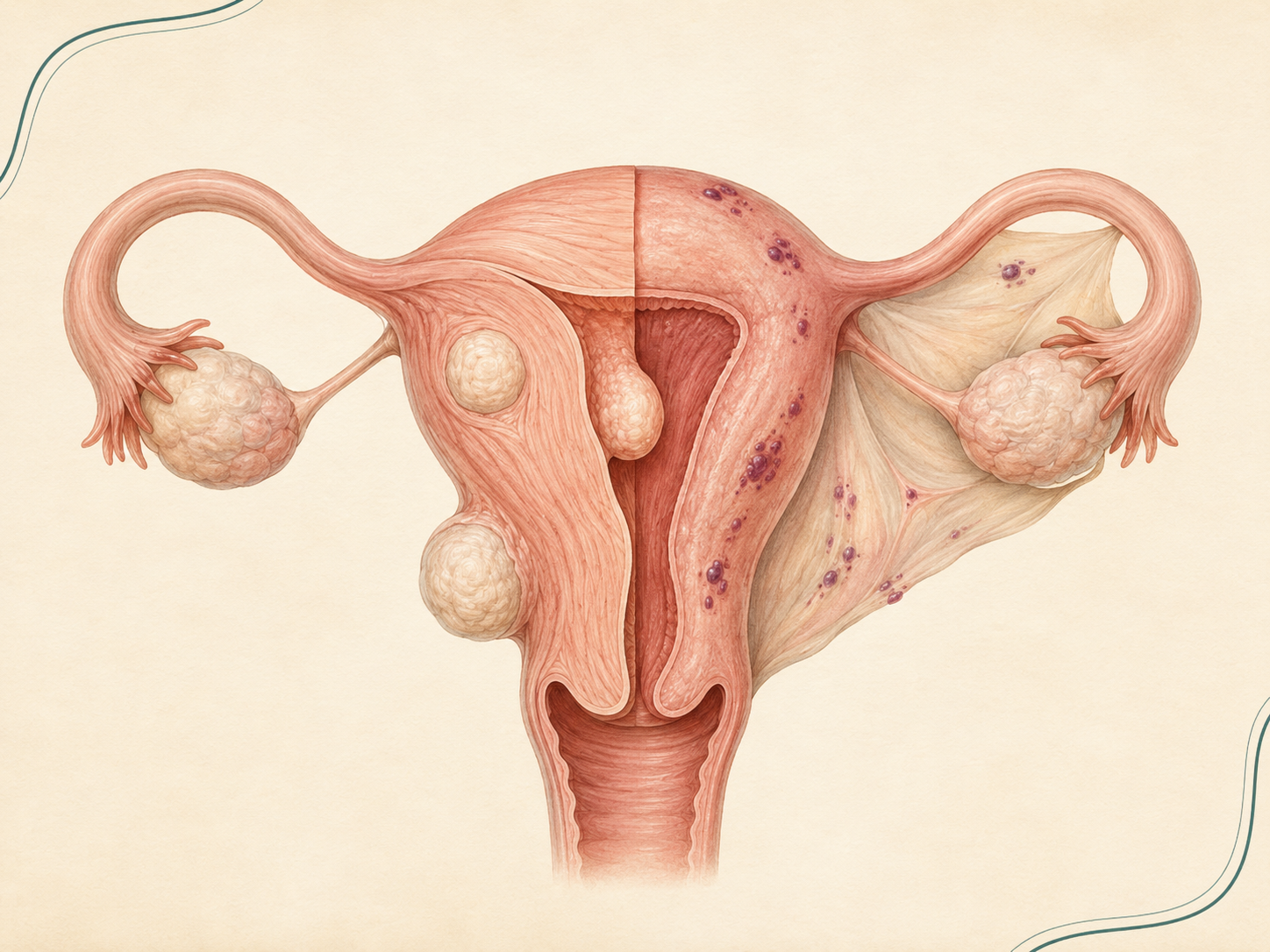 Ilustração anatômica de miomas uterinos e endometriose
